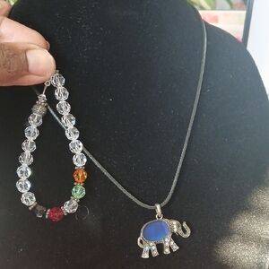 Elegant Silver Elephant Pendant Necklace and Crystal Bracelet Set